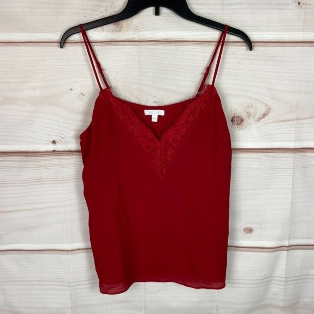 Abound Top Womens Juniors M Lace Trim Cami Tank Red Spaghetti Strap V-Neck Solid